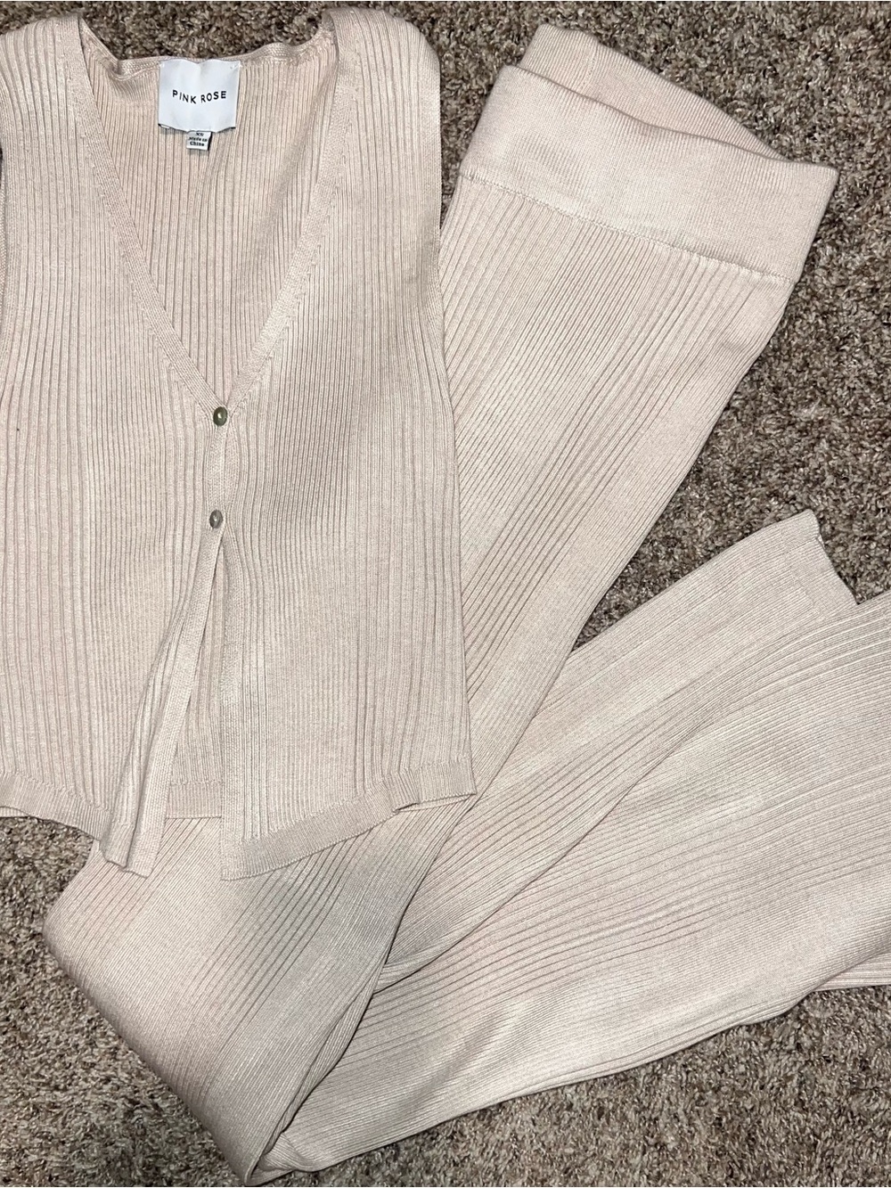 Pink Rose Brand Ribbed Knit Open Cardigan & Pants Set in Beige Small NWOT